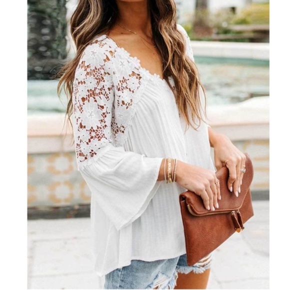 boho white v neck embroidered floral button up top - Picture 3 of 4